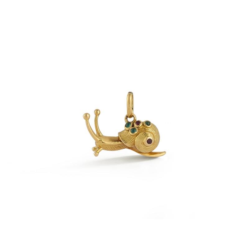 Estate 18k gold ruby and emerald cabachon snail charm
